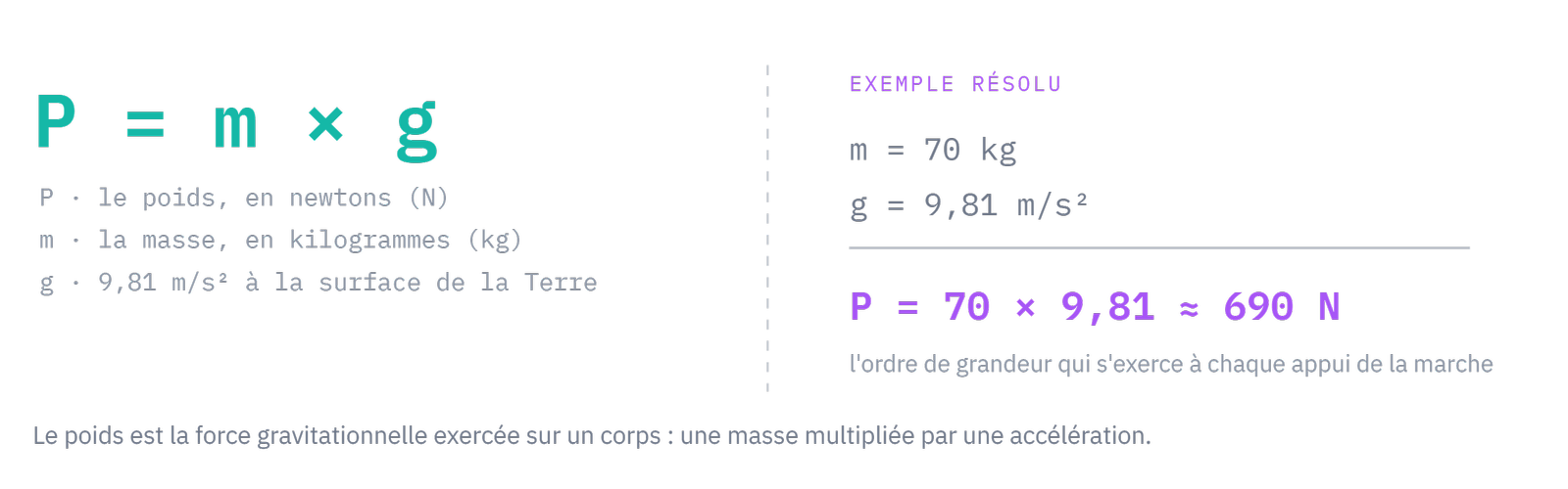 Le poids : P = m·g, et l'exemple de la pratiquante de 70 kg (≈ 690 N).