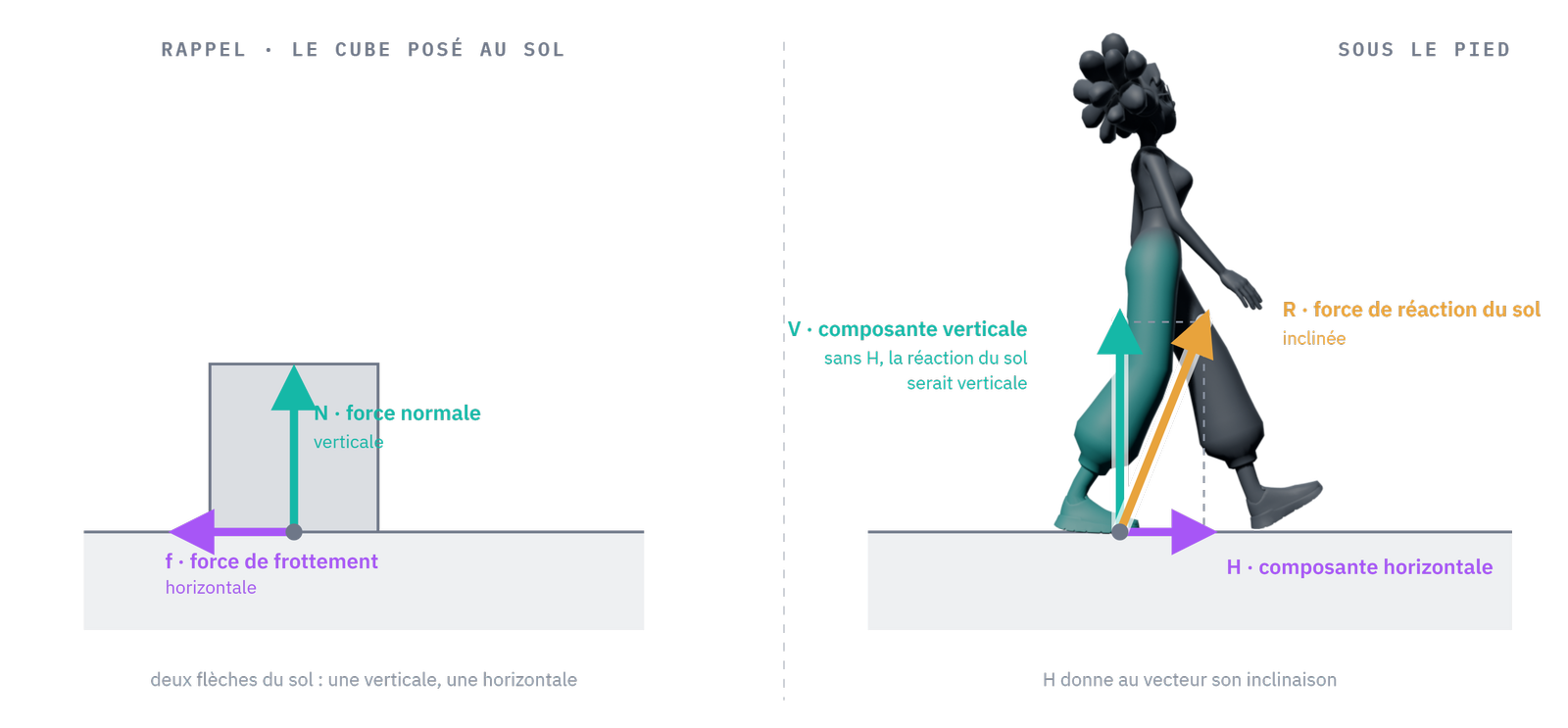 À gauche, le rappel du chapitre 2 : sous le cube de Marcel, deux flèches du sol, une verticale et une horizontale, le frottement. À droite, sous le pied : sans composante horizontale, la force de réaction du sol serait verticale ; c'est la composante horizontale qui lui donne son inclinaison.