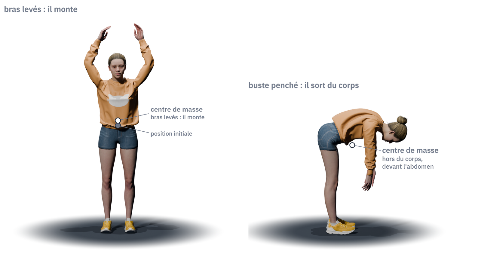 Le centre de masse suit la posture : bras levés, il monte ; buste penché vers l'avant, il avance et sort du corps, devant l'abdomen.